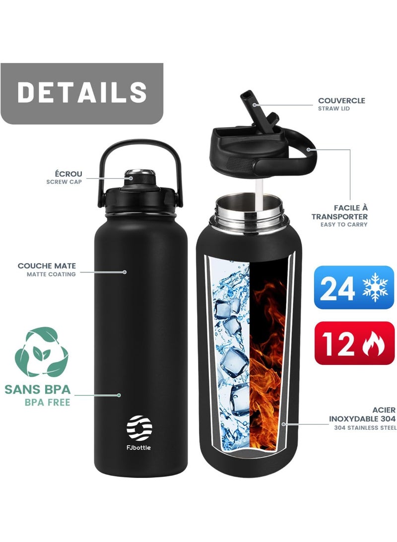 Fjbottle Stainless Steel Water Bottle with Straw 1200 ml - with 2 x Lids BPA-Free Water Bottle Leak-Proof Sports Bicycle Thermal Flask for Fizz, School, Fitnes - Image 4