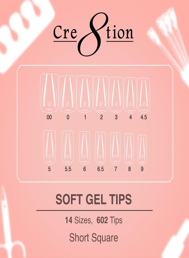 Cre8tion Soft Gel Nail Tips, Short Square Shape, 602 Tips in 14 Sizes (00-9) for Professional Nail Extensions - Image 2