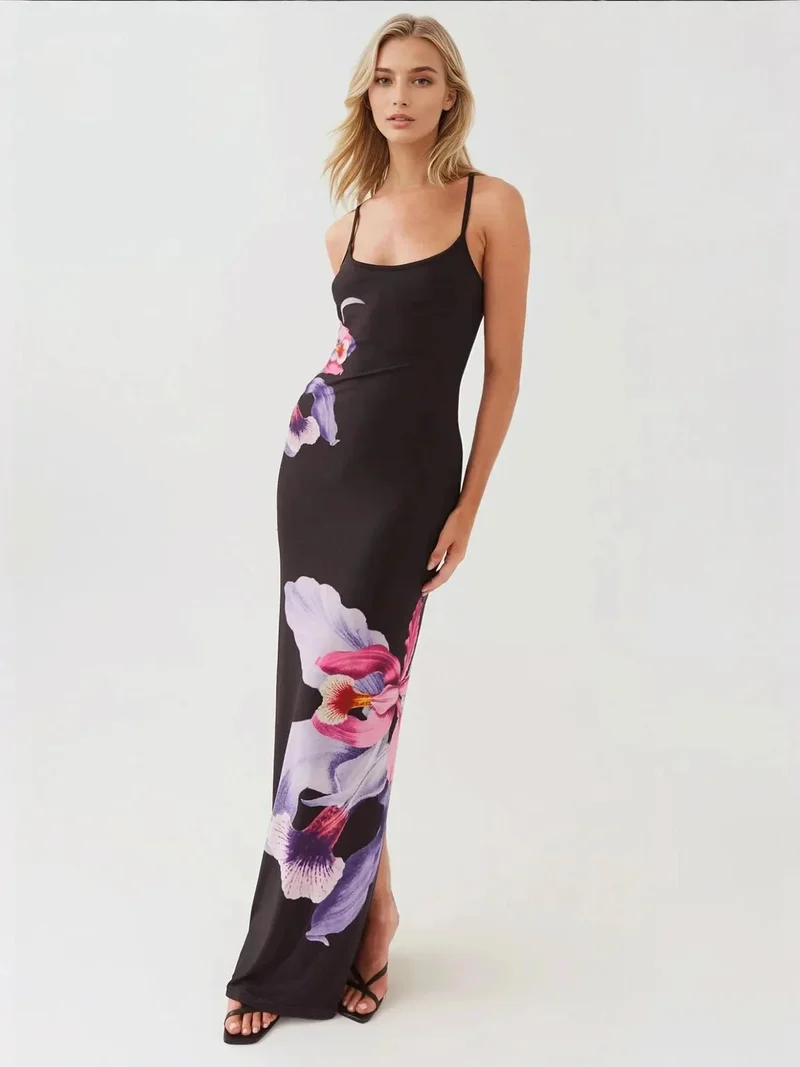 زوبعة فستان ضيق بطبعة زهور وياقة مربعة