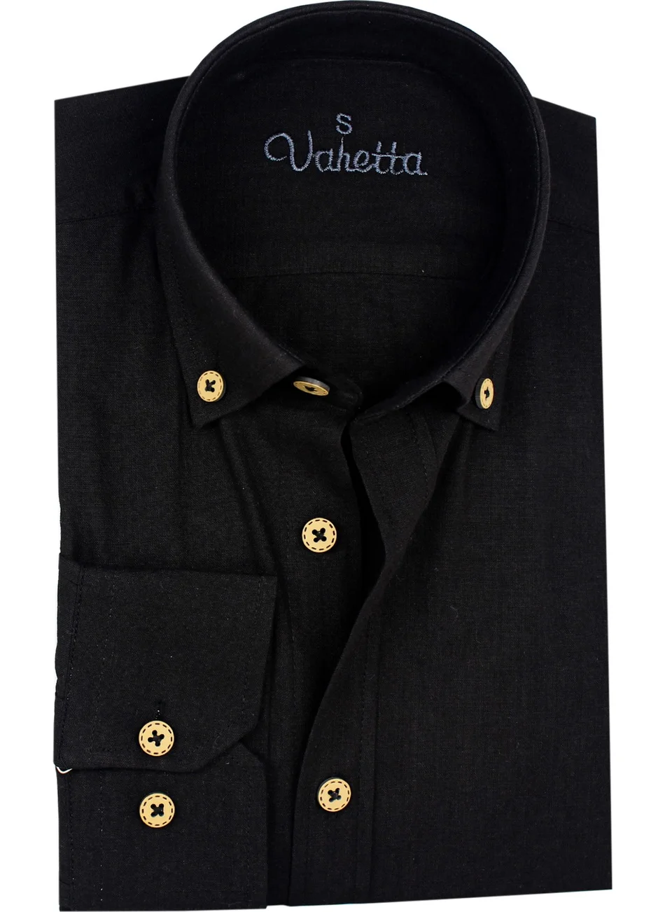فاريتا Men's Black Long Sleeve Slim Fit Linen Shirt