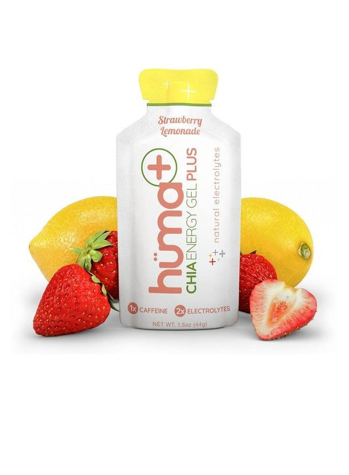 Huma Chia Energy Gel Plus Strawberry Lemonade 9 count x 44g 21gr Carbs 245mg Sodium 1x Caffeine 25mg 2x Electrolytes All Natural Vegan Gluten Free No Stomach Problems - Pack of 9 - Image 1