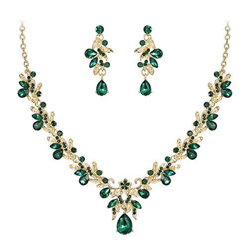 BriLove Women's Wedding Jewelery Set Leaf Flower Crystal Teardrop Marquise Cluster Pendant Necklace Dangle Earrings for Bridal Party Emerald Color - Image 1