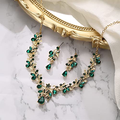 BriLove Women's Wedding Jewelery Set Leaf Flower Crystal Teardrop Marquise Cluster Pendant Necklace Dangle Earrings for Bridal Party Emerald Color - Image 5
