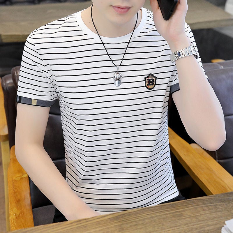 Men's New 2025 Summer Striped T-shirt Short-sleeved Trendy Ice Silk Half-sleeved Trendy Brand Casual Men's Thin T-shirt - Image 5