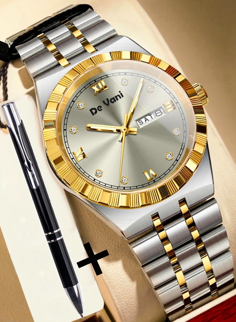 دي فاني ساعة يد للرجال من دي فاني ستانلس ستيل أنالوج بعقارب مع قلم معدن هدية - Image 1