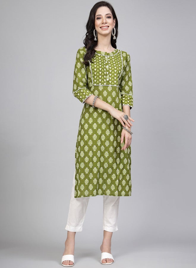 LARGISH Ethnic Motifs Printed Cotton Straight Kurta in Green - Image 1