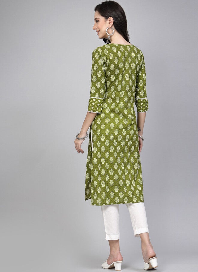LARGISH Ethnic Motifs Printed Cotton Straight Kurta in Green - Image 4