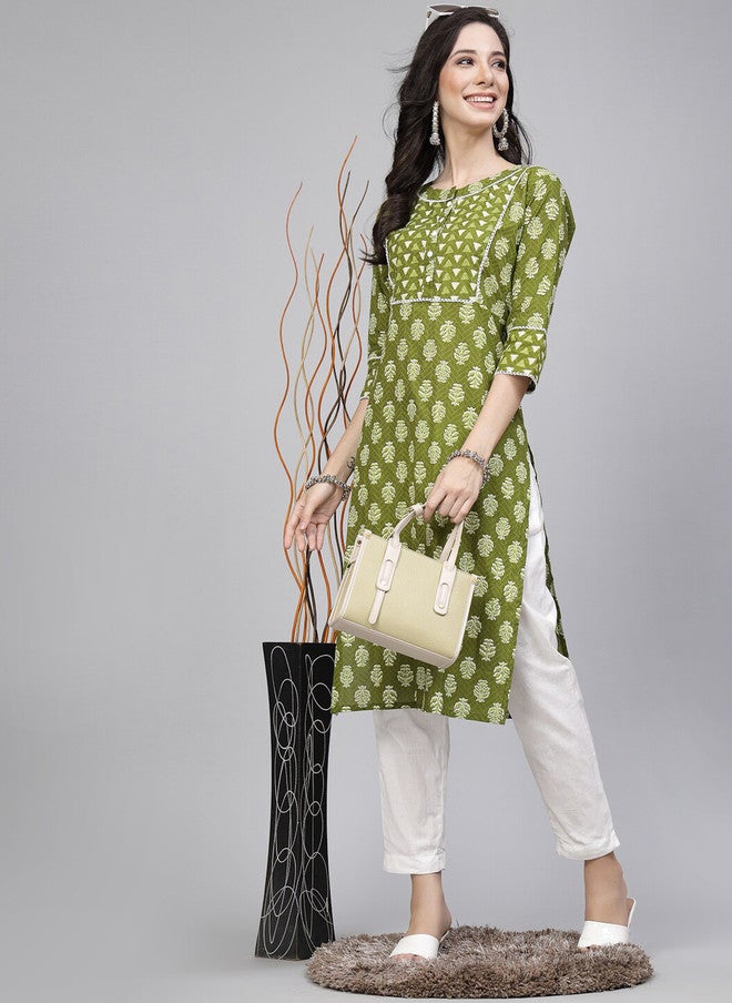 LARGISH Ethnic Motifs Printed Cotton Straight Kurta in Green - Image 5