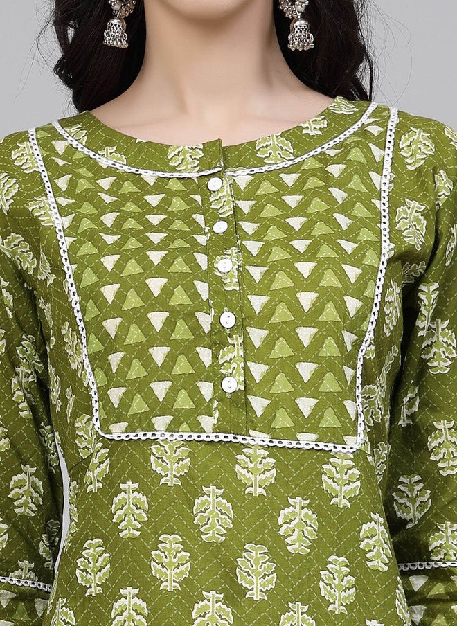 LARGISH Ethnic Motifs Printed Cotton Straight Kurta in Green - Image 2