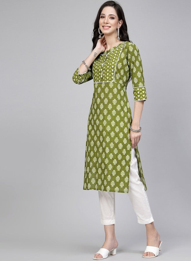 LARGISH Ethnic Motifs Printed Cotton Straight Kurta in Green - Image 3