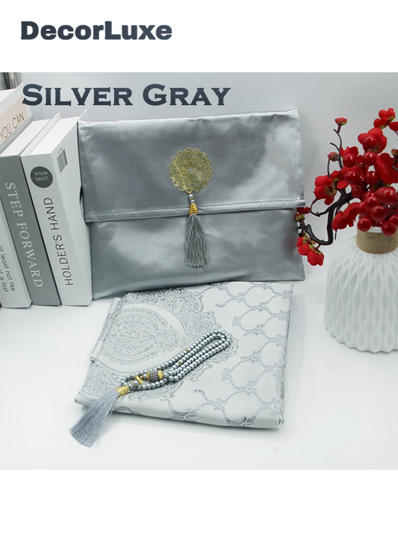 DecorLuxe 3-piece Portable Prayer Mat Set. 1*Silk Bag, 1*Prayer Mat, 1*Prayer Beads. Silver Gray Color. - Image 1