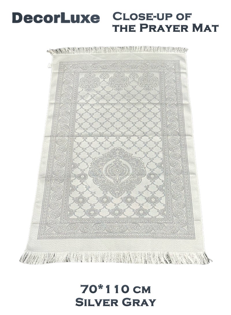 DecorLuxe 3-piece Portable Prayer Mat Set. 1*Silk Bag, 1*Prayer Mat, 1*Prayer Beads. Silver Gray Color. - Image 2