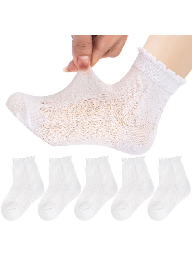 Looching 5 Pairs Baby Girls Boys Mesh Thin Socks Toddler Ruffle No Show Soft Low Cut Ankle Socks School for Unisex Little Kids, White, 1-3T - Image 1