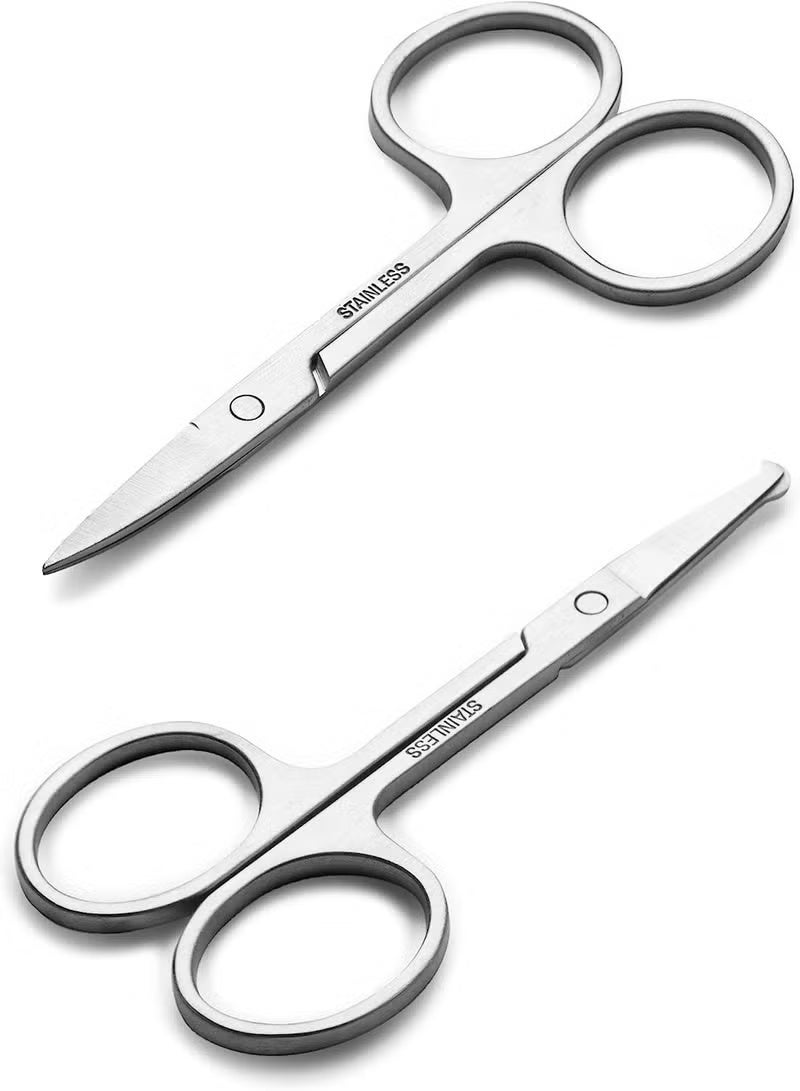2PCS Small Facial Hair Grooming Scissors for Men and Women Eyebrow Nose Mustache Beard Eyelash and Ear Trimming Kit Curved and Rounded Safety Tip Clippers Silver - Image 1