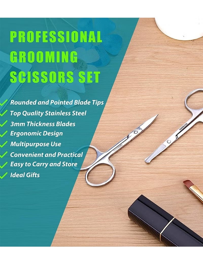 2PCS Small Facial Hair Grooming Scissors for Men and Women Eyebrow Nose Mustache Beard Eyelash and Ear Trimming Kit Curved and Rounded Safety Tip Clippers Silver - Image 2