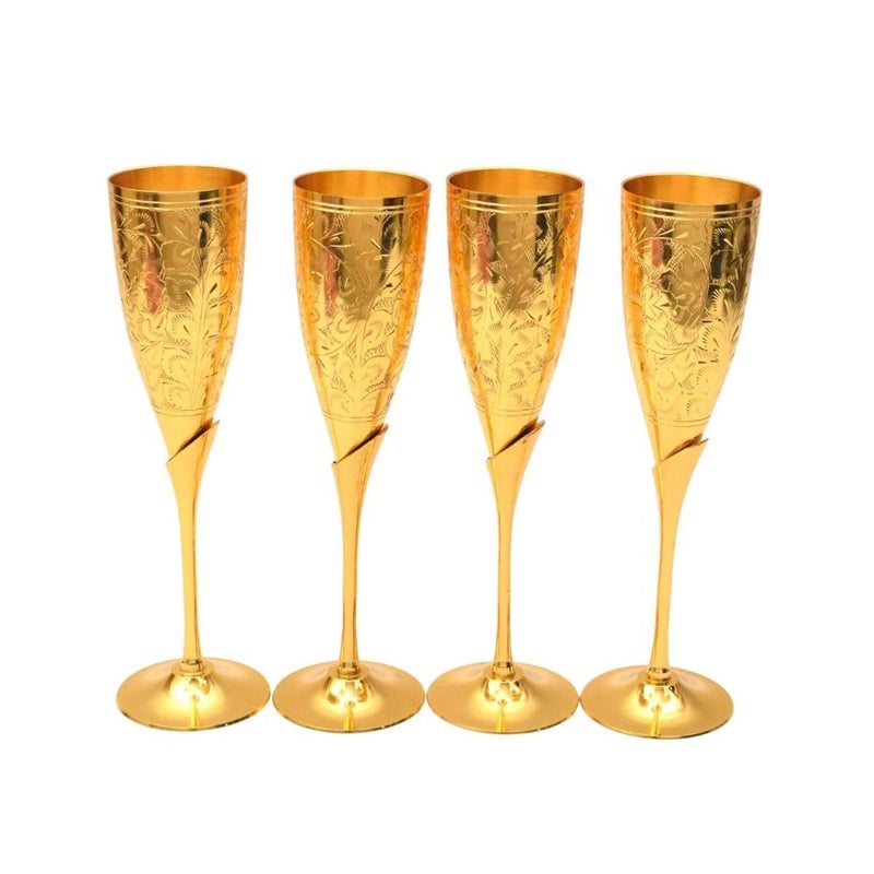Tarang Arts Brass Gold Plated Wine Glass Set of 4 Goblets Glasses Set Decorative Wine Glasses for Home Decor Goblet Wine Glass Hotels Bars Best for Parties Gifting 10x11x3 Inch - Image 2