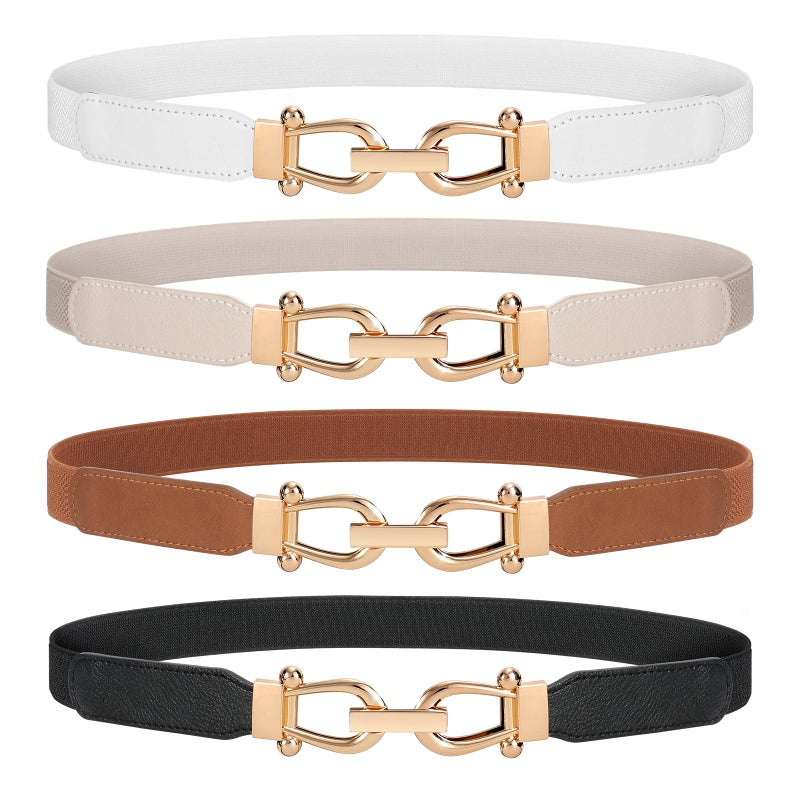 WERFORU Women Skinny Belt for Dresses Retro Stretch Waist Belt with Gold Buckle Set of 4,Black+Brown+White+Beige - Image 1