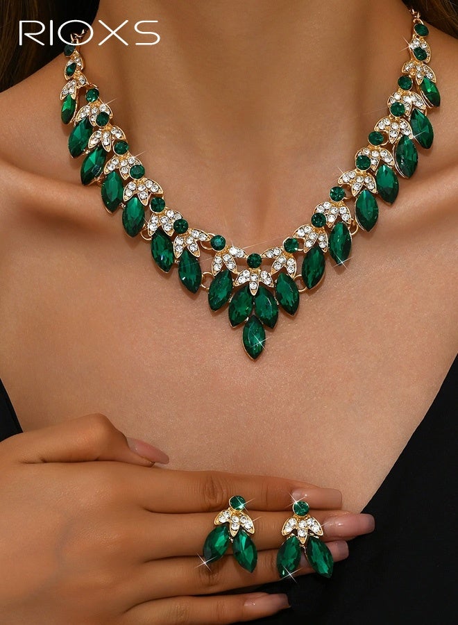 RIOXS Rhinestone Bridal Bridesmaid Jewelry Sets, Gold Green Floral Teardrop Statement Necklace, Formal Prom Costume Jewelry Sets for Women and Brides - Image 1