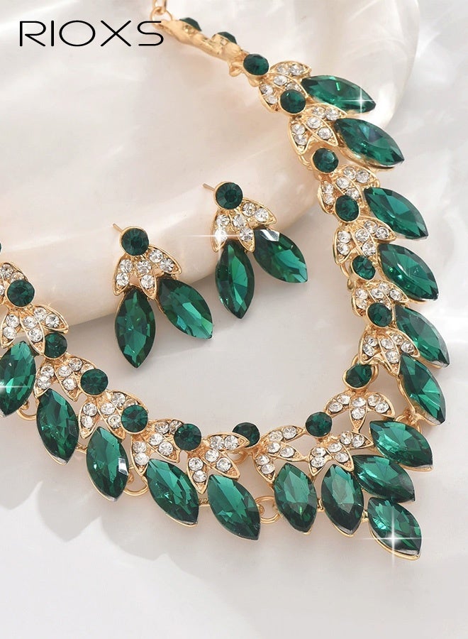 RIOXS Rhinestone Bridal Bridesmaid Jewelry Sets, Gold Green Floral Teardrop Statement Necklace, Formal Prom Costume Jewelry Sets for Women and Brides - Image 2