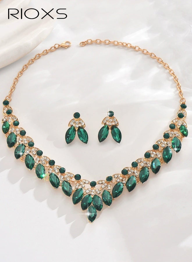RIOXS Rhinestone Bridal Bridesmaid Jewelry Sets, Gold Green Floral Teardrop Statement Necklace, Formal Prom Costume Jewelry Sets for Women and Brides - Image 3