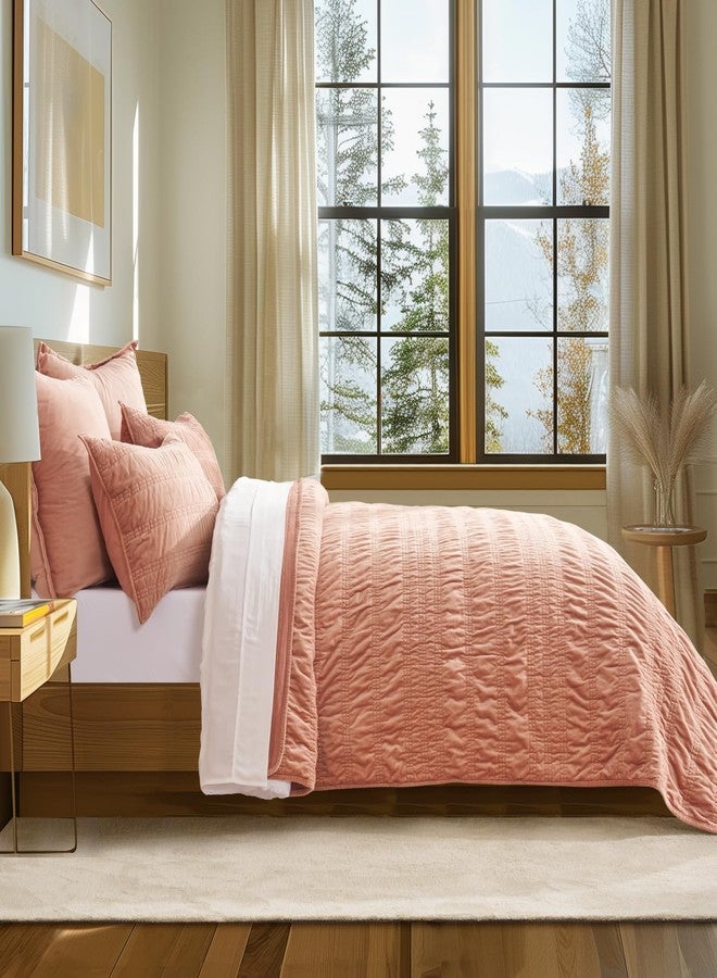 EVERGRACEHOME EVERGRACE Velvet Quilt Set King Size, Luxury Velvet Bedding, Ultra Soft Ruched Quilt Sets, Lightweight Velvet Comforter Set, Velvet Bedspread Coverlet Set with 2 Shams for All Season, Peachy Clay - Image 4