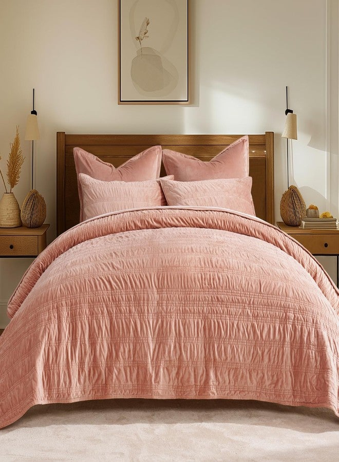 EVERGRACEHOME EVERGRACE Velvet Quilt Set King Size, Luxury Velvet Bedding, Ultra Soft Ruched Quilt Sets, Lightweight Velvet Comforter Set, Velvet Bedspread Coverlet Set with 2 Shams for All Season, Peachy Clay - Image 1