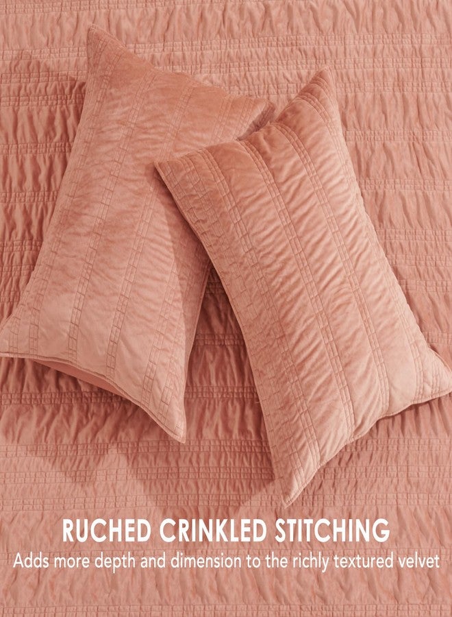 EVERGRACEHOME EVERGRACE Velvet Quilt Set King Size, Luxury Velvet Bedding, Ultra Soft Ruched Quilt Sets, Lightweight Velvet Comforter Set, Velvet Bedspread Coverlet Set with 2 Shams for All Season, Peachy Clay - Image 5