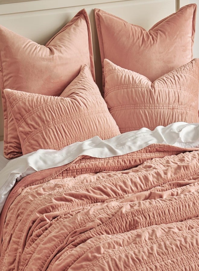 EVERGRACEHOME EVERGRACE Velvet Quilt Set King Size, Luxury Velvet Bedding, Ultra Soft Ruched Quilt Sets, Lightweight Velvet Comforter Set, Velvet Bedspread Coverlet Set with 2 Shams for All Season, Peachy Clay - Image 2