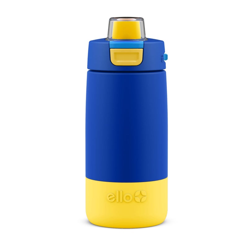 Ello Kids Colby 12oz Stainless Steel Insulated Water Bottle with Straw and BuiltIn Silicone Coaster Carrying Handle and LeakProof Locking Lid for School Backpack Lunchbox and Outdoor Sports Blue