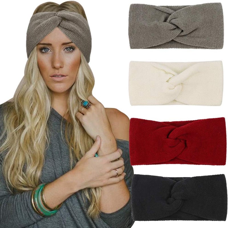 دريشو 4 عبوات من عصابات رأس شتوية للنساء معزولة الأذن بتصميم كروشيه وتركواز سميك