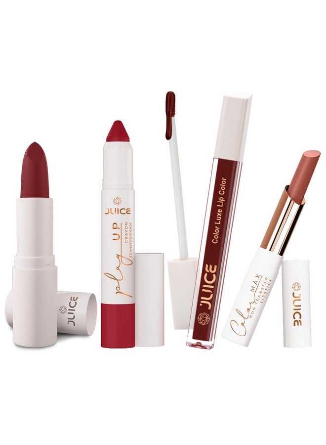 Juice Long Lasting, 4pc Lipstick Combo Set For Women(Marooned-M05 Bullet Lipstick, Red-y Set Go-MCR08 Play up Lip Crayon, Lucky Red-M10 Liquid Lipstick, Muted Whisper-M20 Slim Stick) - Image 1