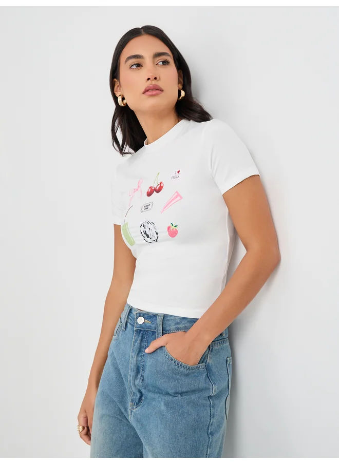 ستايلي Styli Movie Snacks Graphic Print Short Sleeve Fitted T-Shirt