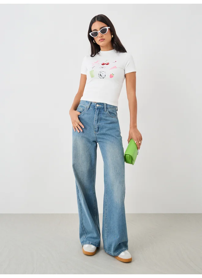 ستايلي Styli Movie Snacks Graphic Print Short Sleeve Fitted T-Shirt