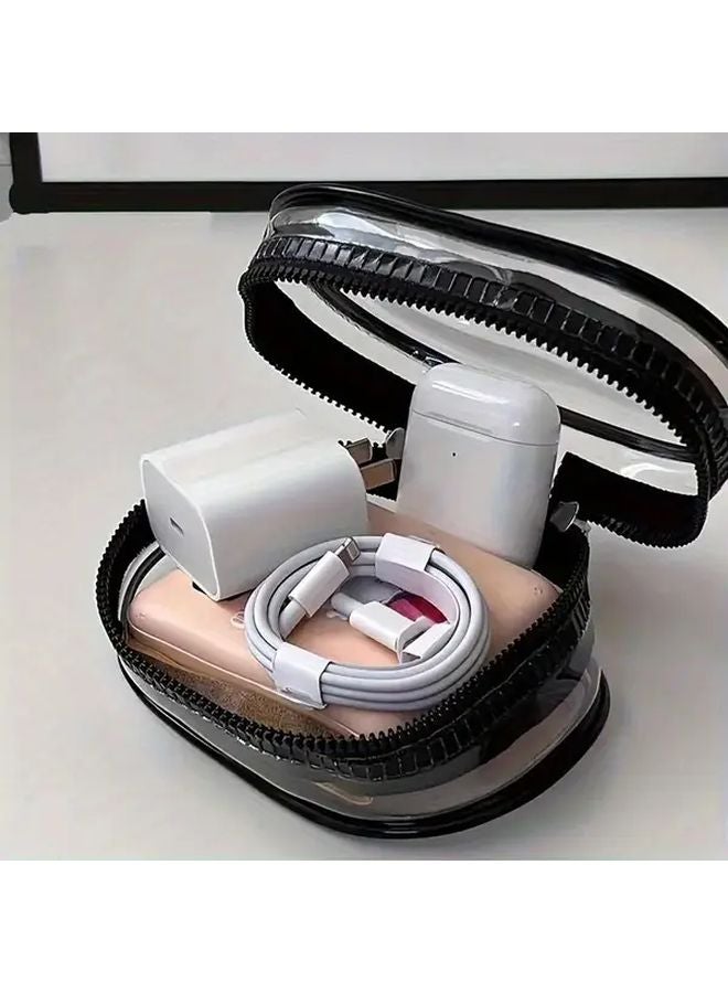 White Compact Transparent Zipper Pouch Organizer For Headphones Cables With Keychain Attachment - Image 5