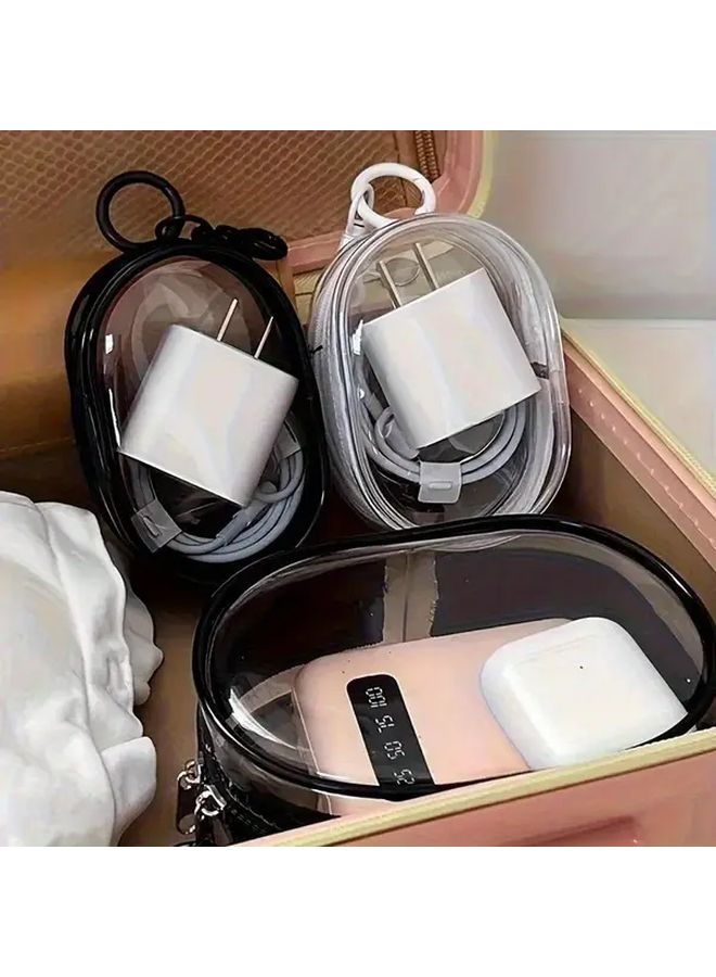 White Compact Transparent Zipper Pouch Organizer For Headphones Cables With Keychain Attachment - Image 4