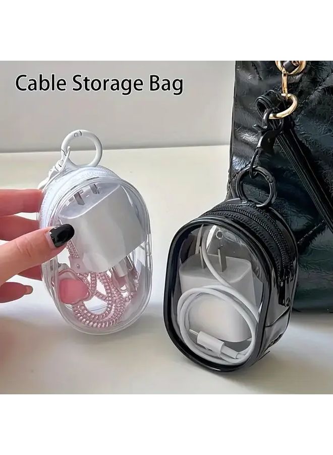 White Compact Transparent Zipper Pouch Organizer For Headphones Cables With Keychain Attachment - Image 2