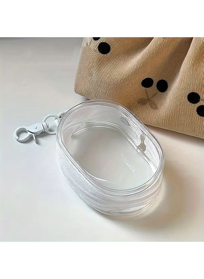 White Compact Transparent Zipper Pouch Organizer For Headphones Cables With Keychain Attachment - Image 1