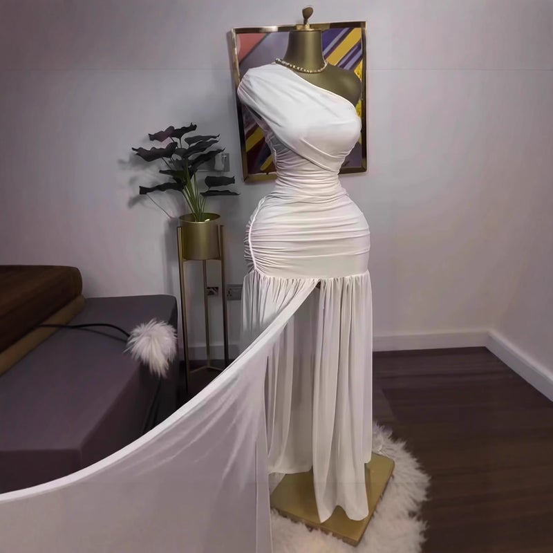 Women's Spring 2025 Solid Color Sleeveless Asymmetric Neck Pleated Slim Fit Side Slit Long Dress - Image 4