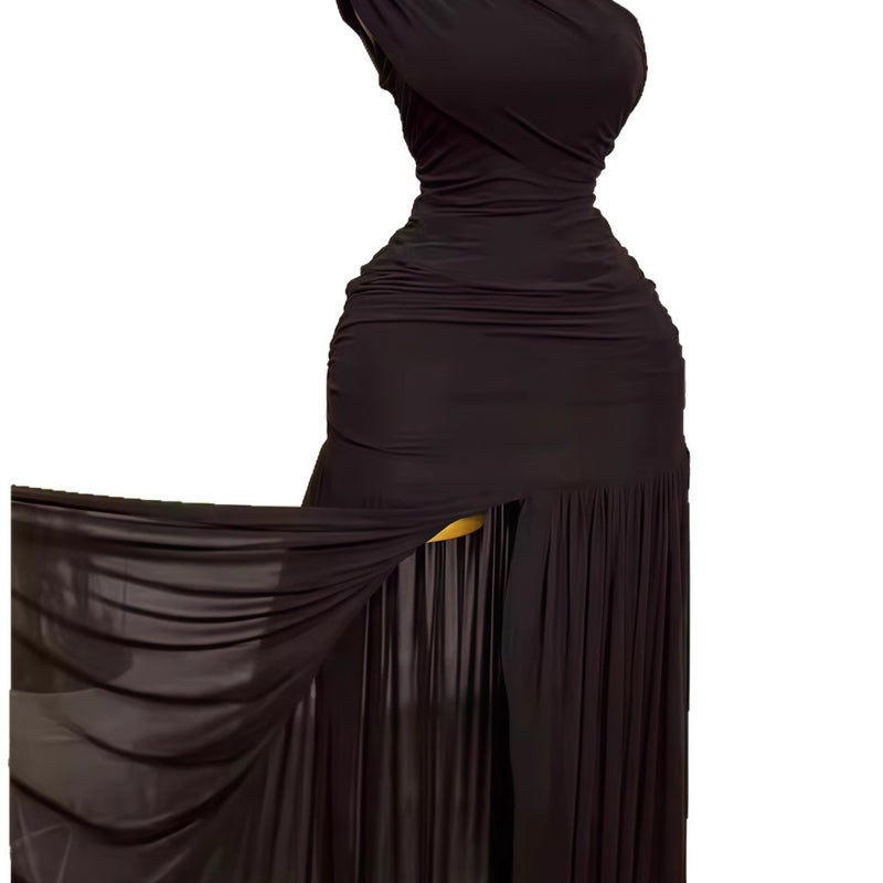 Women's Spring 2025 Solid Color Sleeveless Asymmetric Neck Pleated Slim Fit Side Slit Long Dress - Image 5