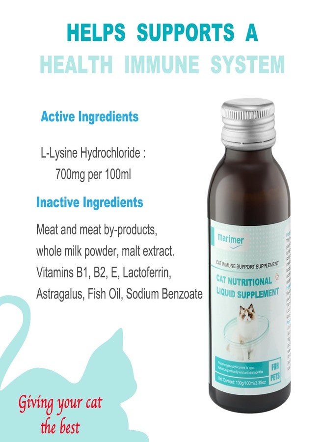 MARIMER Cat Immune Support Supplement, Nutritional Liquid with L-Lysine and Astragalus, Enhances Immunity and Relieves Herpes Symptoms, 3.38oz (100ml) for Cats of All Ages - Image 2