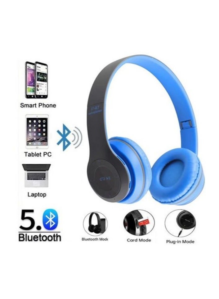 سماعة رأس لاسلكية P47 القابلة للطي – جودة صوت استثنائية، بلوتوث ومدخل 3.5 مم -ازرق - Image 2