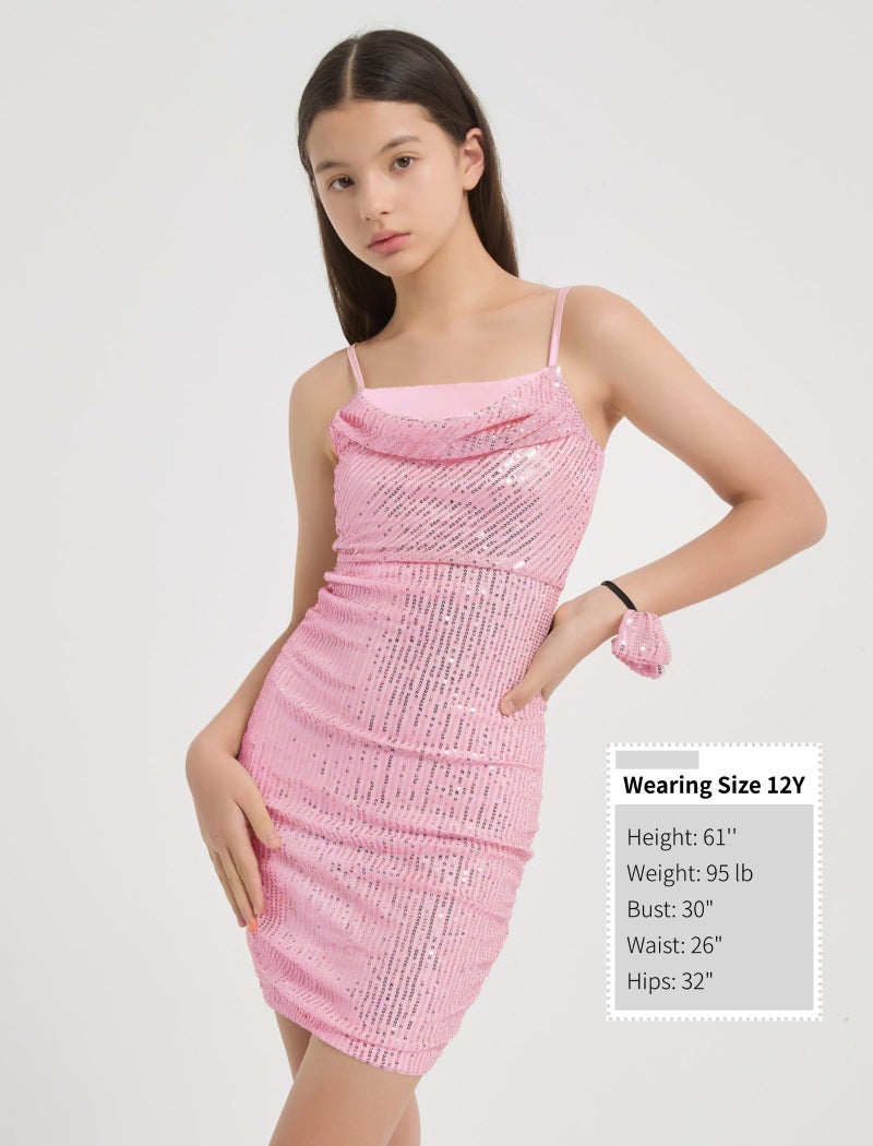 EXARUS Girls Sparkly Dress Sequin Homecoming School Dance Party Bodycon Special Occasion Spaghetti Strap Cowl Neck Mini Tight Dresses Pink 12Y - Image 5