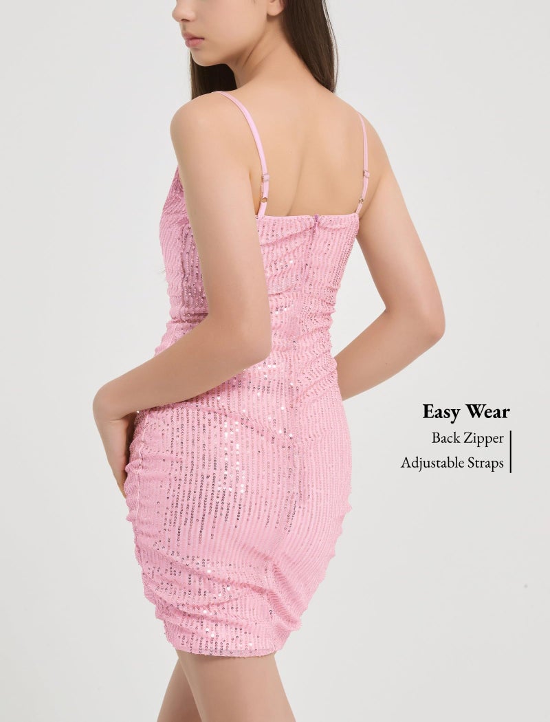 EXARUS Girls Sparkly Dress Sequin Homecoming School Dance Party Bodycon Special Occasion Spaghetti Strap Cowl Neck Mini Tight Dresses Pink 12Y - Image 3