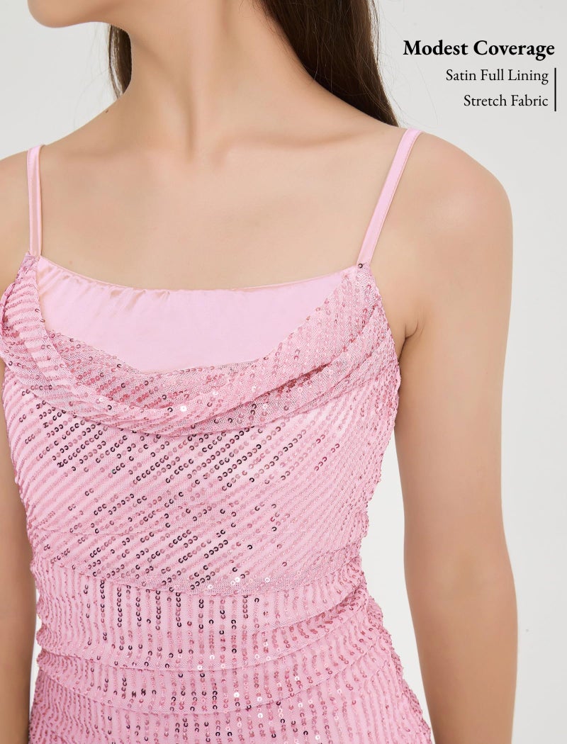 EXARUS Girls Sparkly Dress Sequin Homecoming School Dance Party Bodycon Special Occasion Spaghetti Strap Cowl Neck Mini Tight Dresses Pink 12Y - Image 4