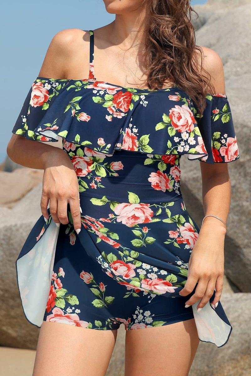 SHEKINI Women's Off-Shoulder Ruffled Flounce Swim Skirt Ruched One Piece Swimdress (Red Floral, Small) - Image 4