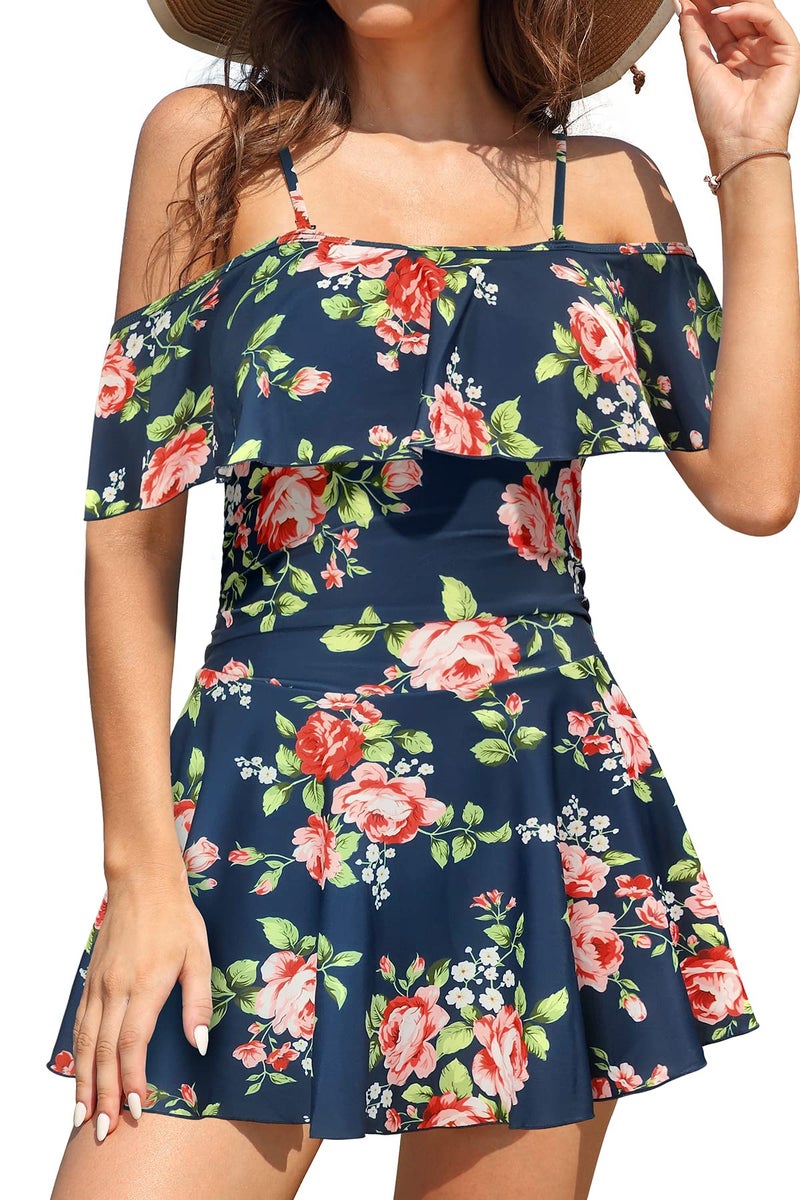 SHEKINI Women's Off-Shoulder Ruffled Flounce Swim Skirt Ruched One Piece Swimdress (Red Floral, Small) - Image 1