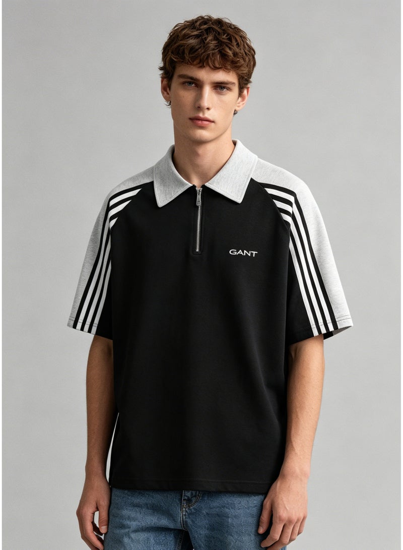 GANT Men’s Contrast Half Zip Polo T-shirt, Light Grey Collar White Striped Raglan Sleeve Casual Athletic Tee - Image 3