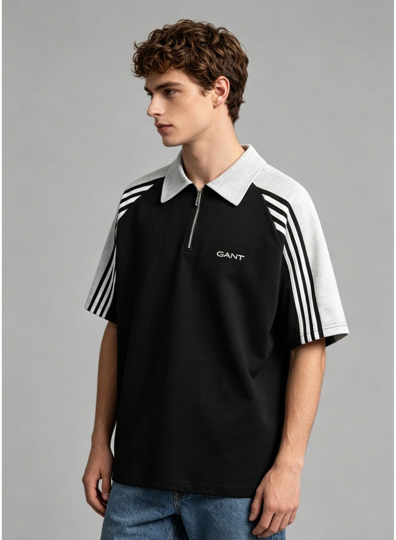 GANT Men’s Contrast Half Zip Polo T-shirt, Light Grey Collar White Striped Raglan Sleeve Casual Athletic Tee - Image 1