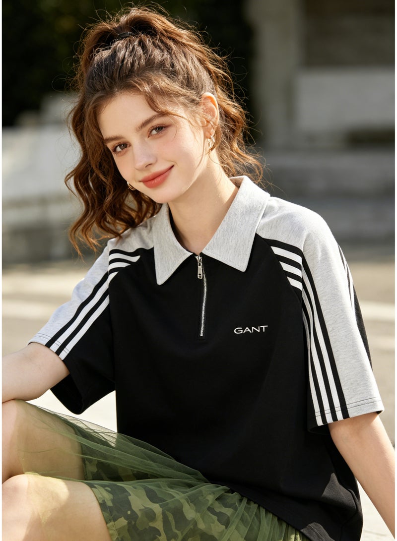 GANT Men’s Contrast Half Zip Polo T-shirt, Light Grey Collar White Striped Raglan Sleeve Casual Athletic Tee - Image 2
