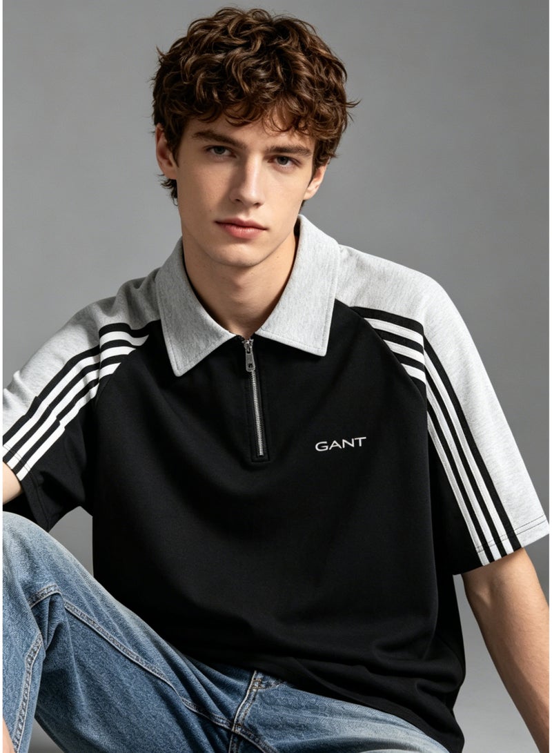 GANT Men’s Contrast Half Zip Polo T-shirt, Light Grey Collar White Striped Raglan Sleeve Casual Athletic Tee - Image 5